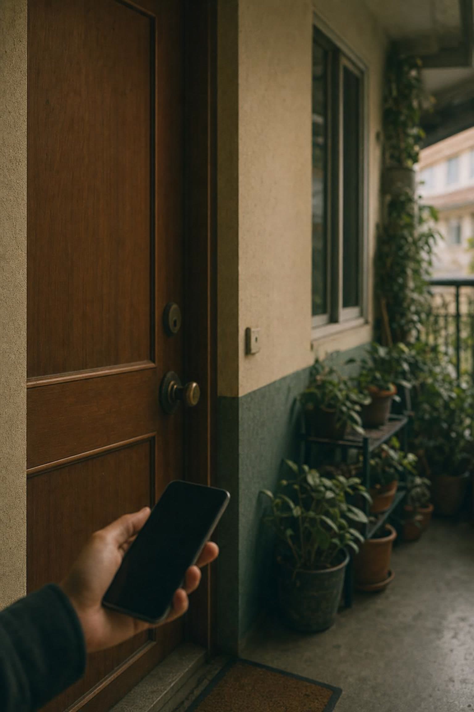 A hand holding a phone at an apartment front door in Lisbon.