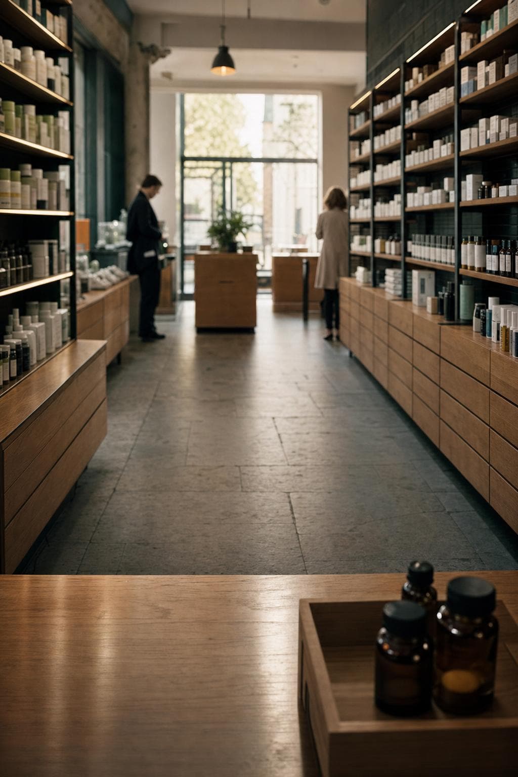 A modern pharmacy aisle in Lisbon.
